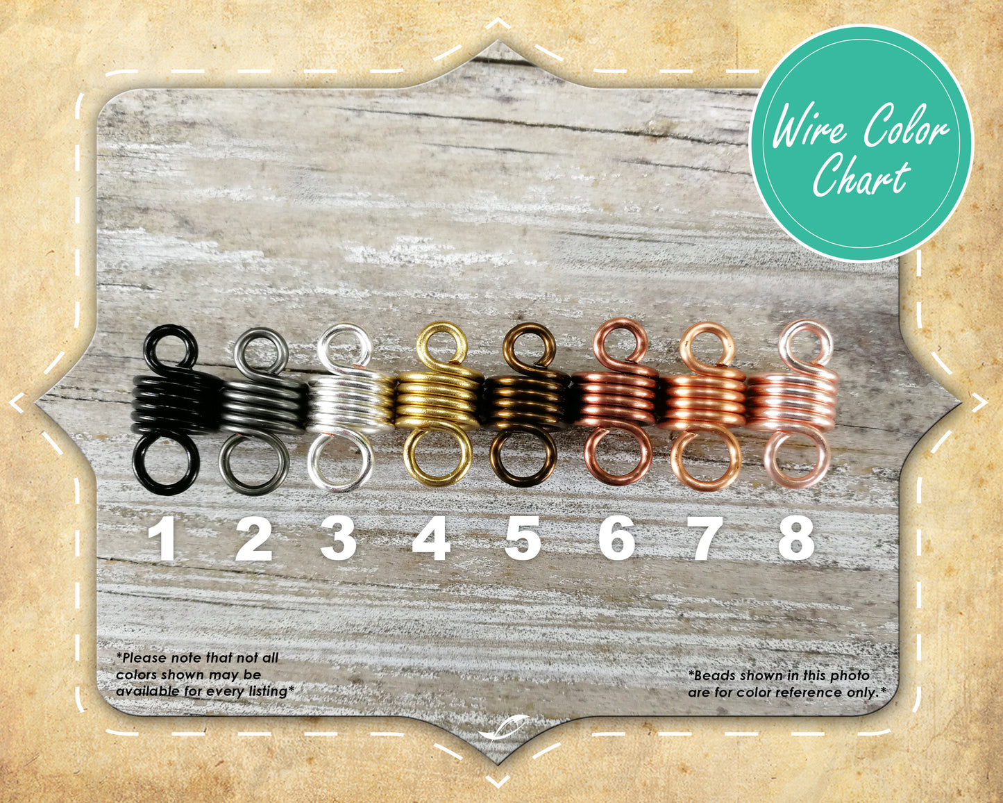 Visual color chart showing wire color options in a row. The order of alignment is number 1 black, number 2 hematite, number 3 silver, number 4 gold, number 5 antique brass, number 6 antique copper, number 7 copper, and number 8 rose gold.