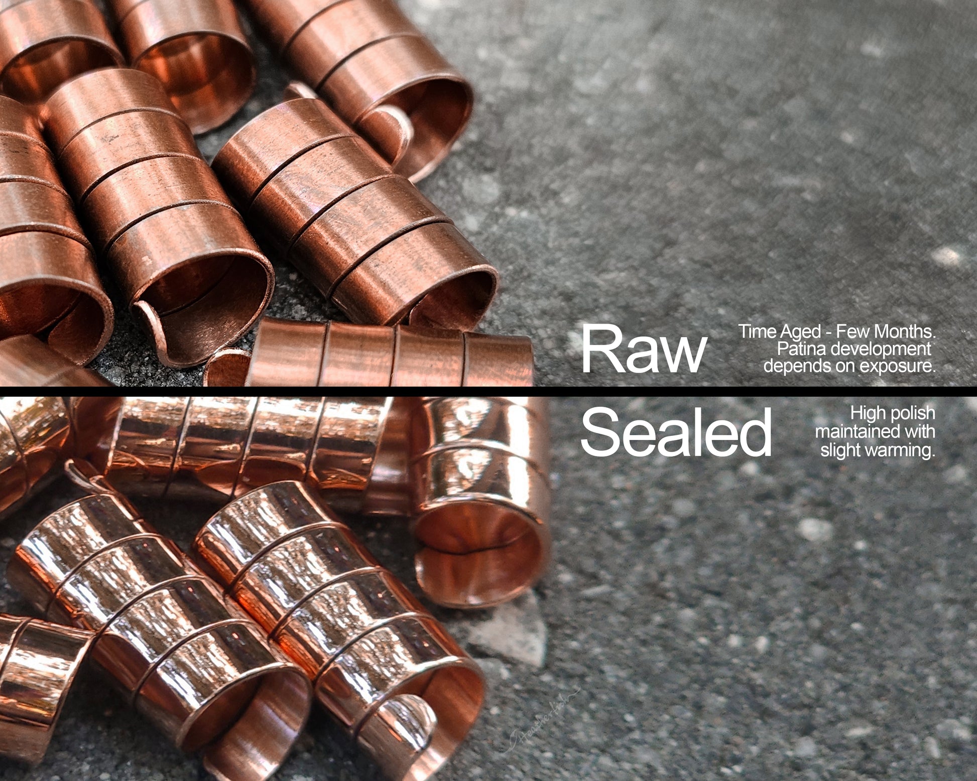 Copper hair cuffs shown in 'Raw' and 'Sealed' states on a concrete surface.