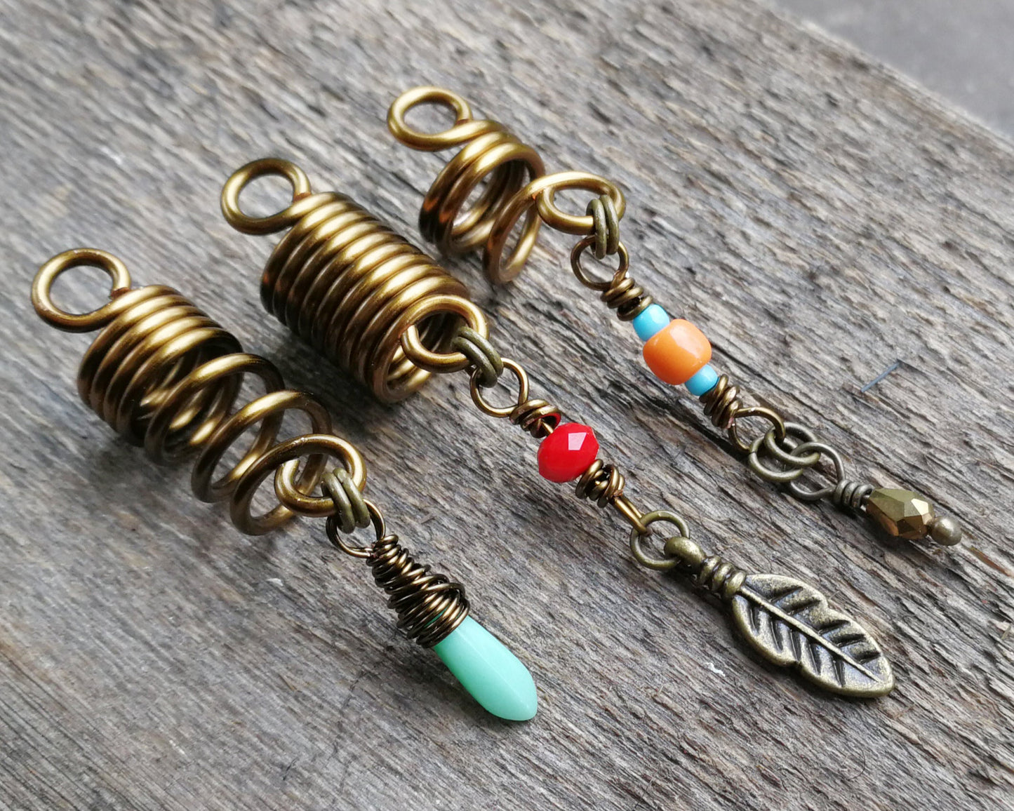 Southwestern hair jewelry set of 3 on a wood background.