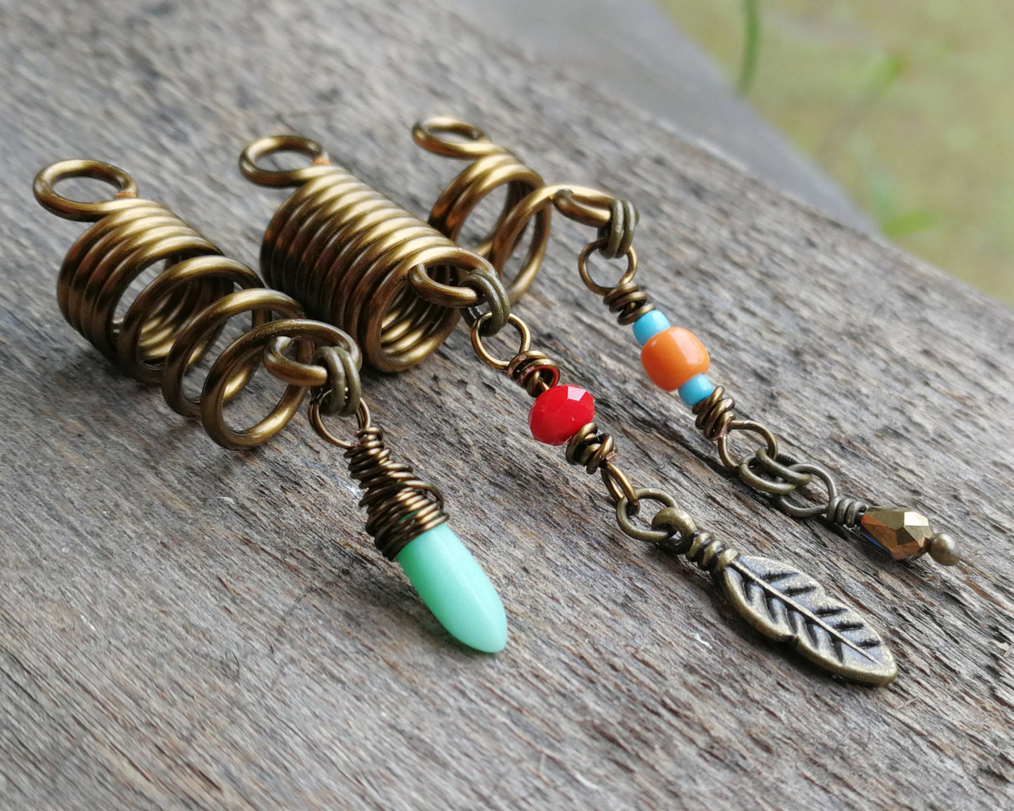 Southwestern hair jewelry set of 3 on a wood background.