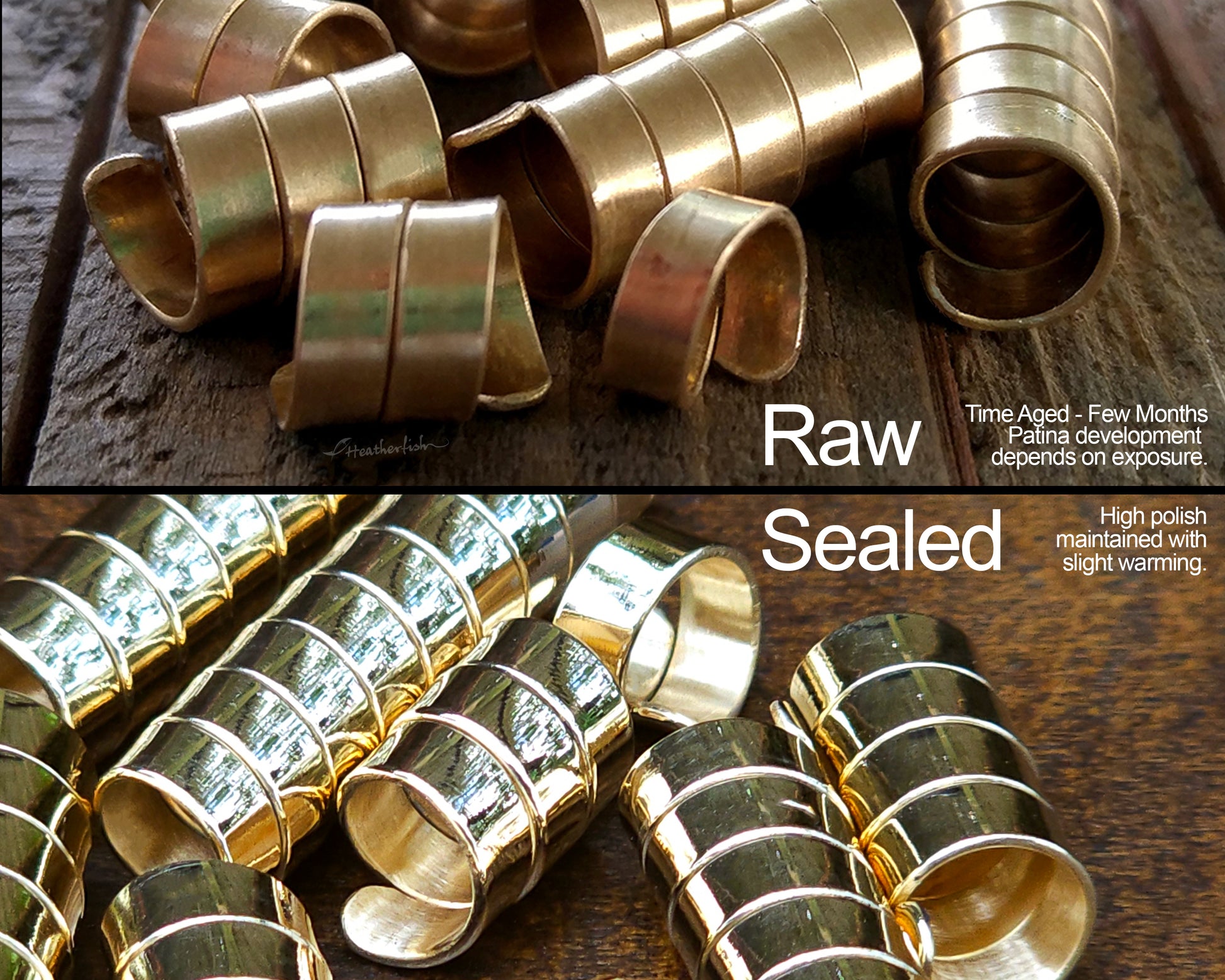 An image showing the difference between sealed and raw brass hair beads and how the raw metals can patina over time.