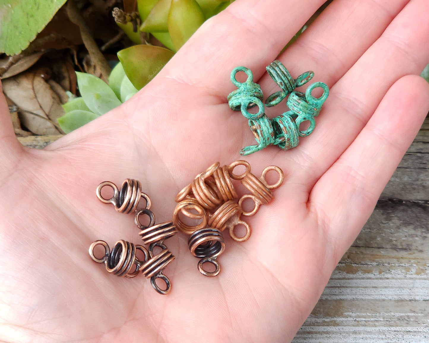 Rustic hair jewelry soldered sets of 5 in a hand to show scale.