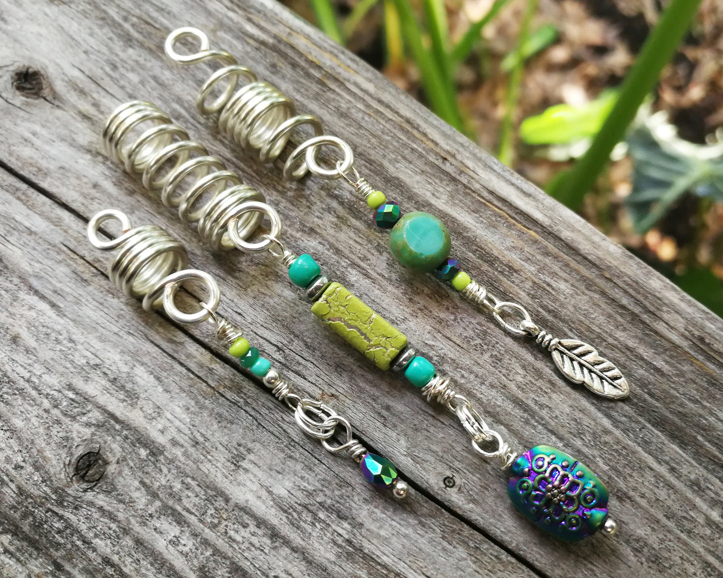 A back view of Heatherfish Signature Dread Beads Set of 3.