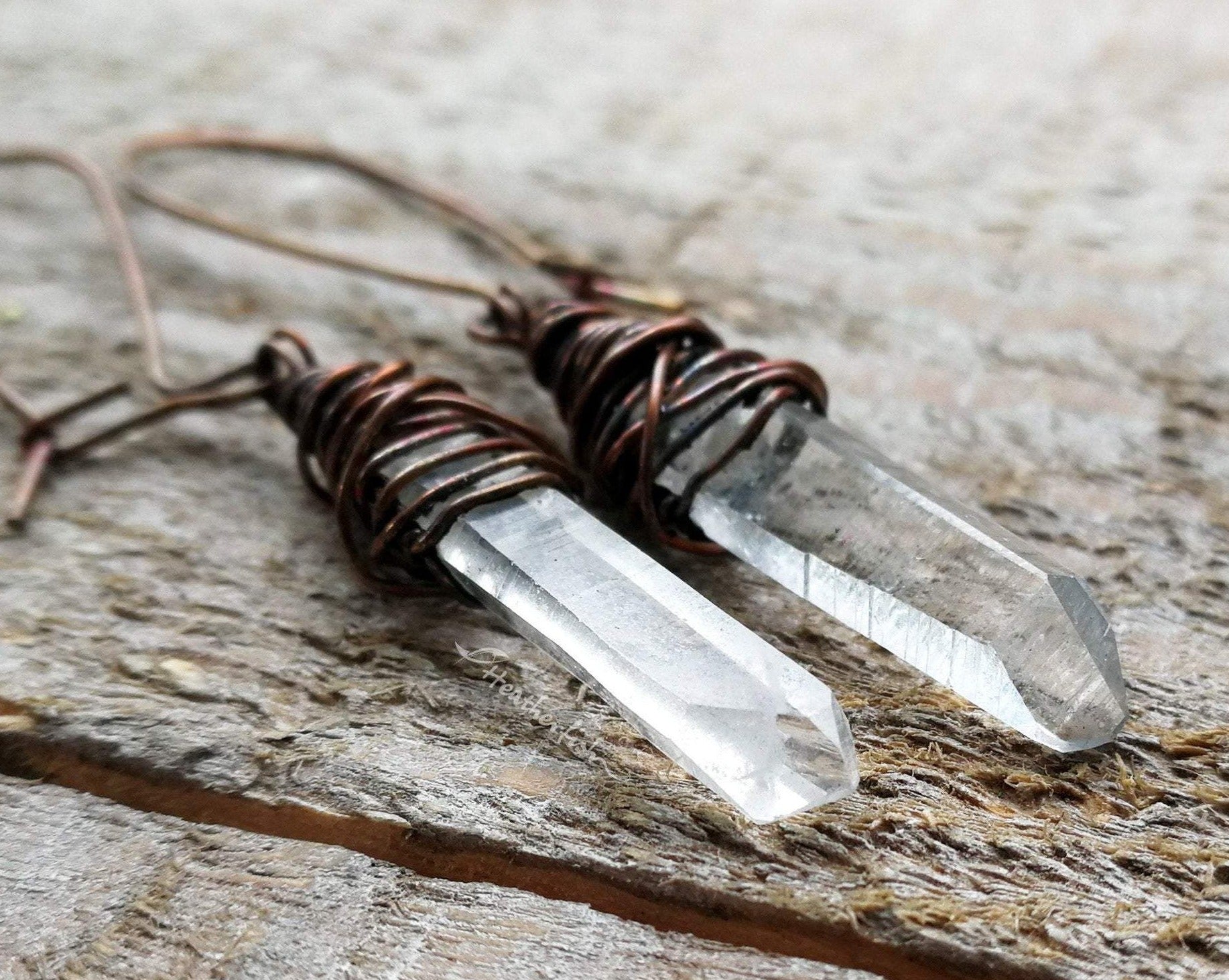 A pair of crystal earrings.  Zoomed in to see Arkansas Quartz.