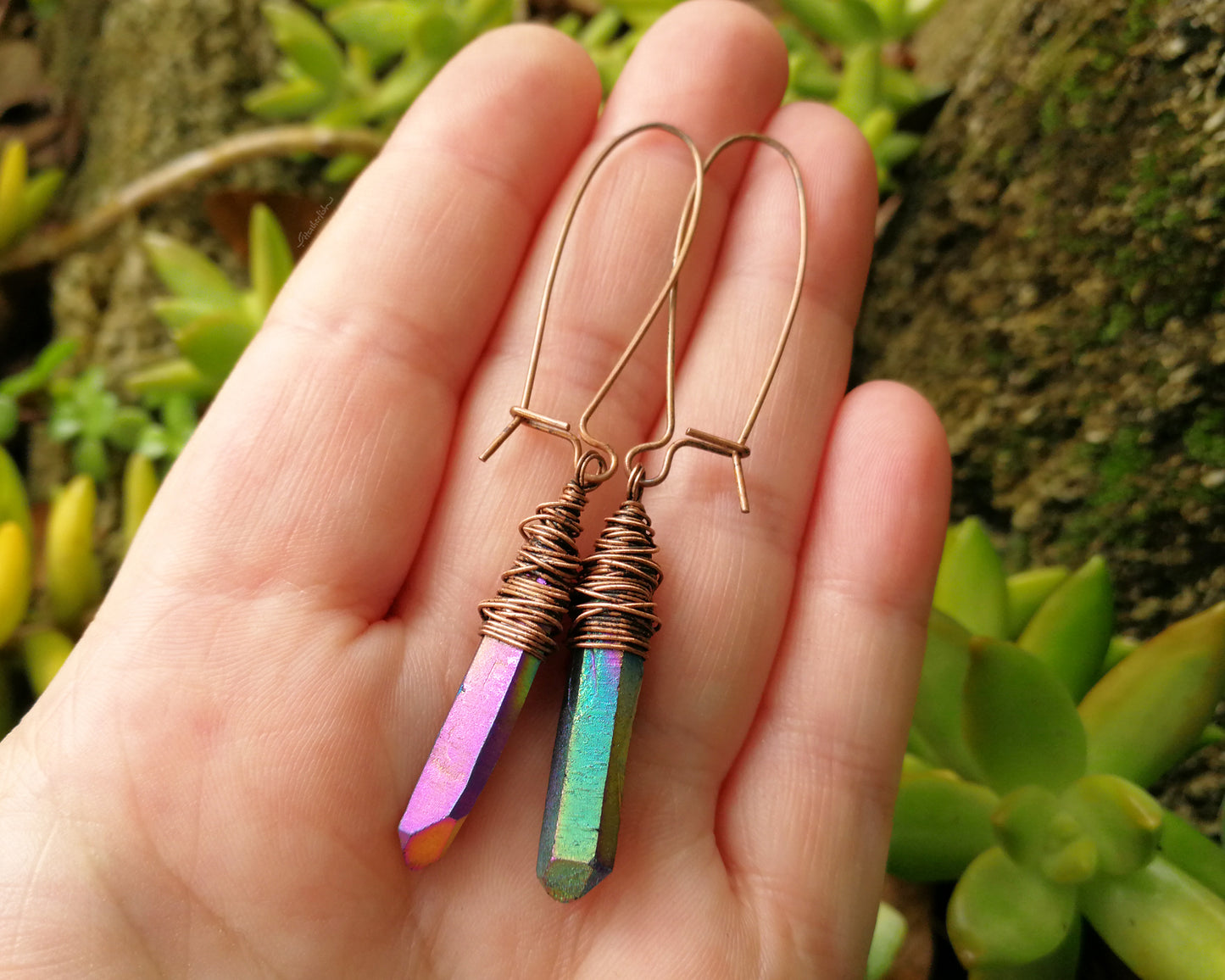 Rainbow Titanium Quartz Earrings, Oxidized Copper