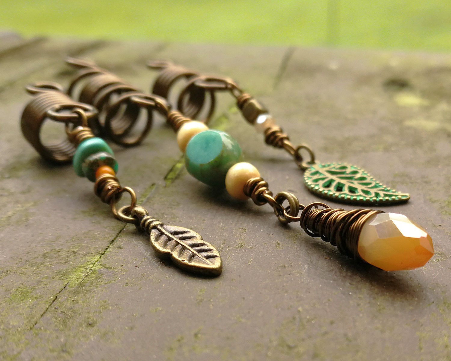 A close up view of Leaf Dread Beads set of 3.