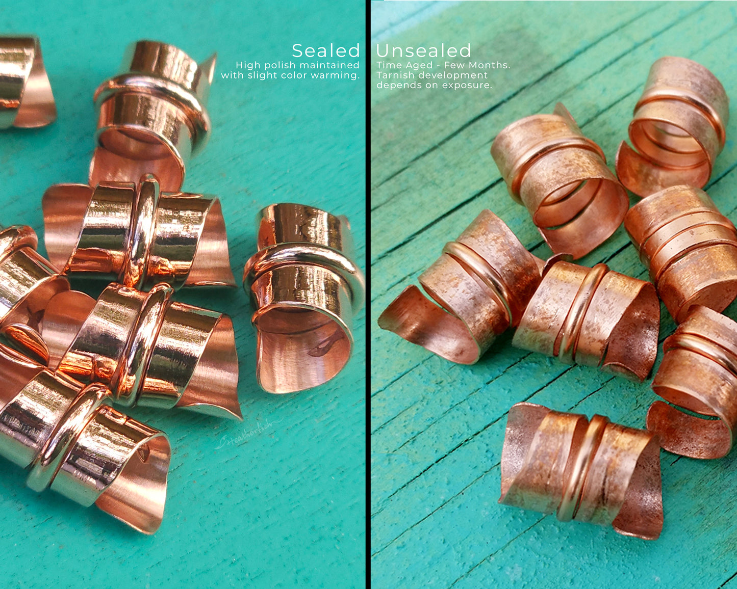Sealed and unsealed copper hair jewelry for locs, dreadlocks, braids, or beards, stylized with a center ring and flattened ends, displayed on a wood background.