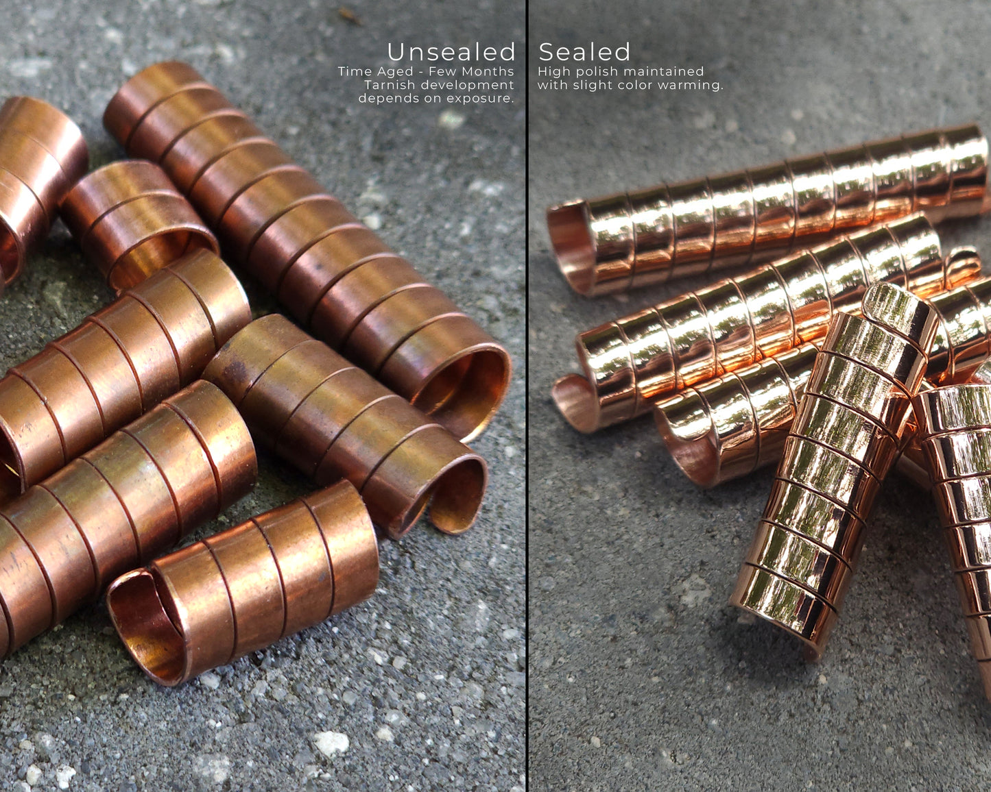 Sealed and unsealed varied length hair coils on a stone background.
