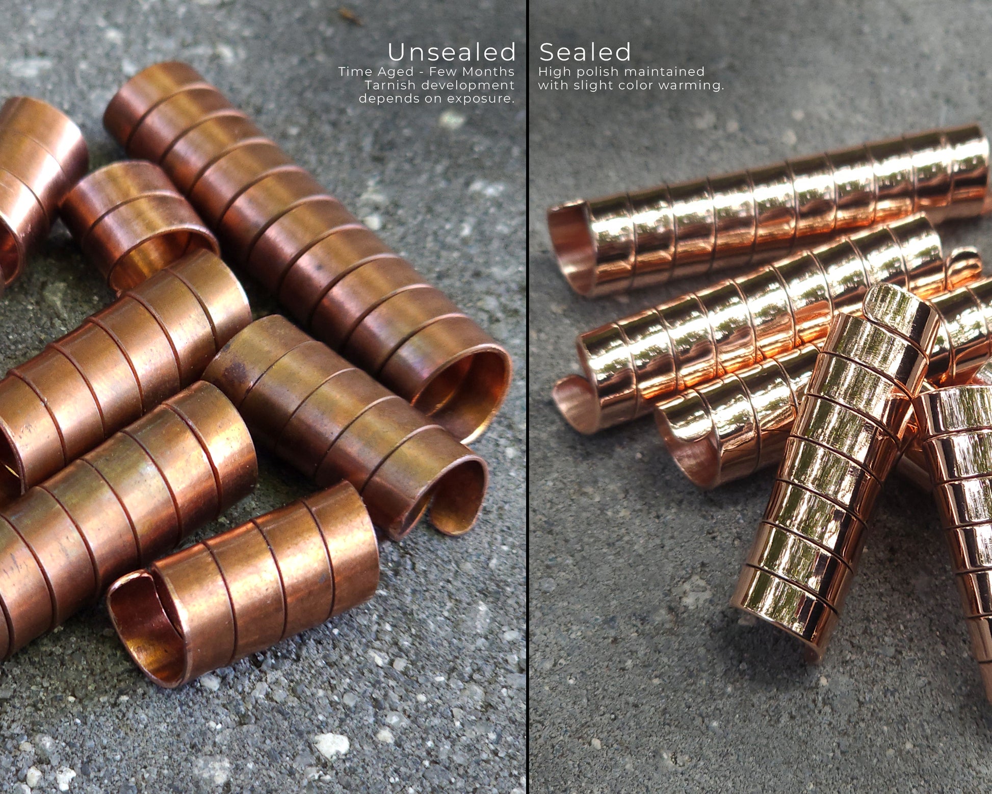 Sealed and unsealed varied length hair coils on a stone background.