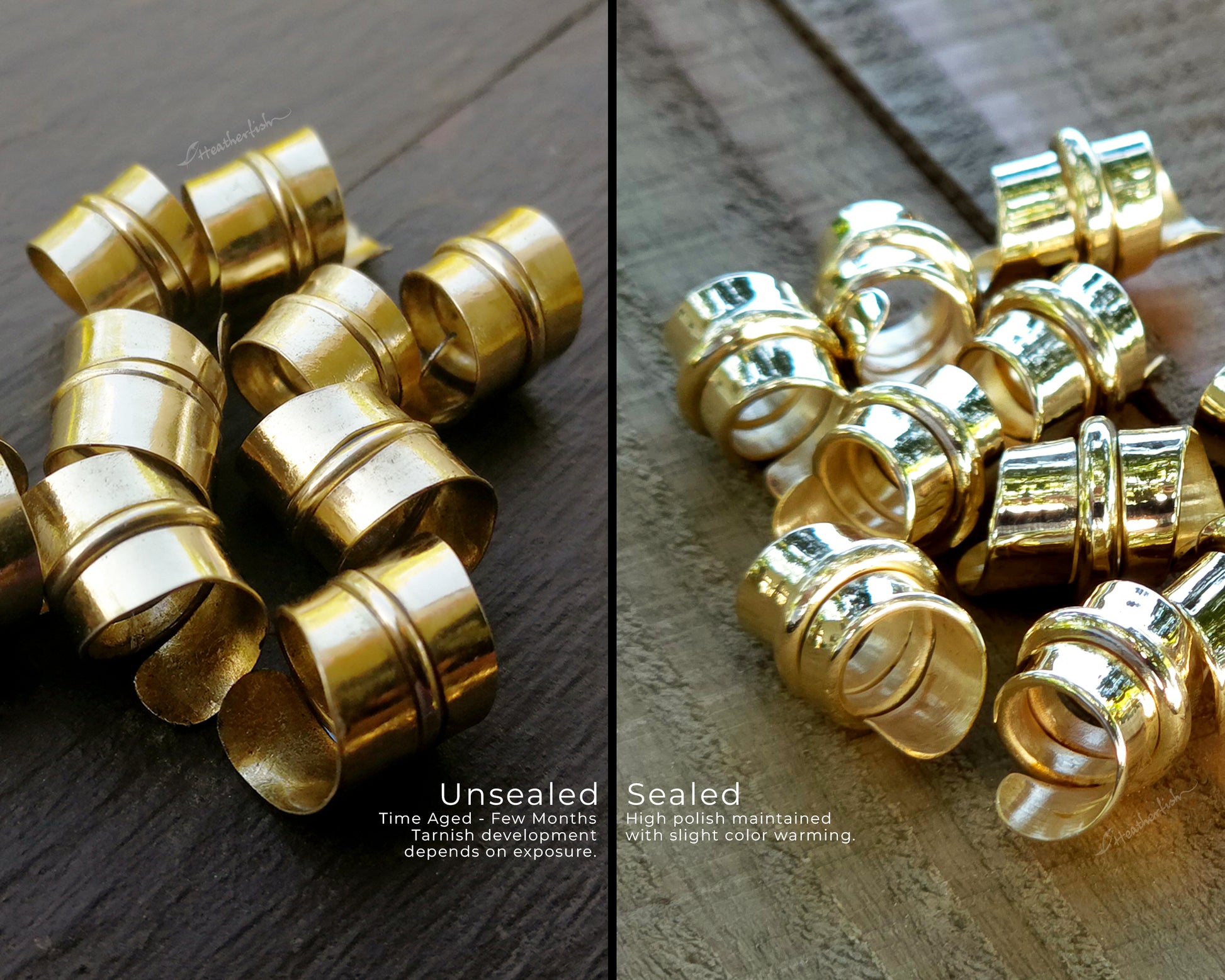 Sealed and unsealed red brass hair beads on a wood background.