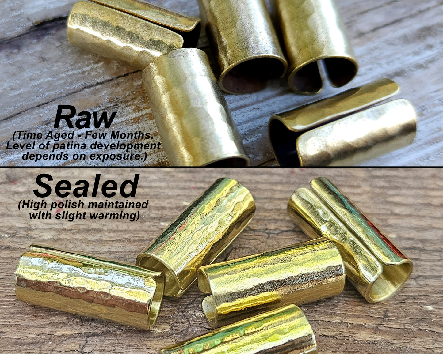 An image showing the difference between solid brass hair cuffs that are sealed versus solid brass hair cuffs that are raw and left to patina naturally.