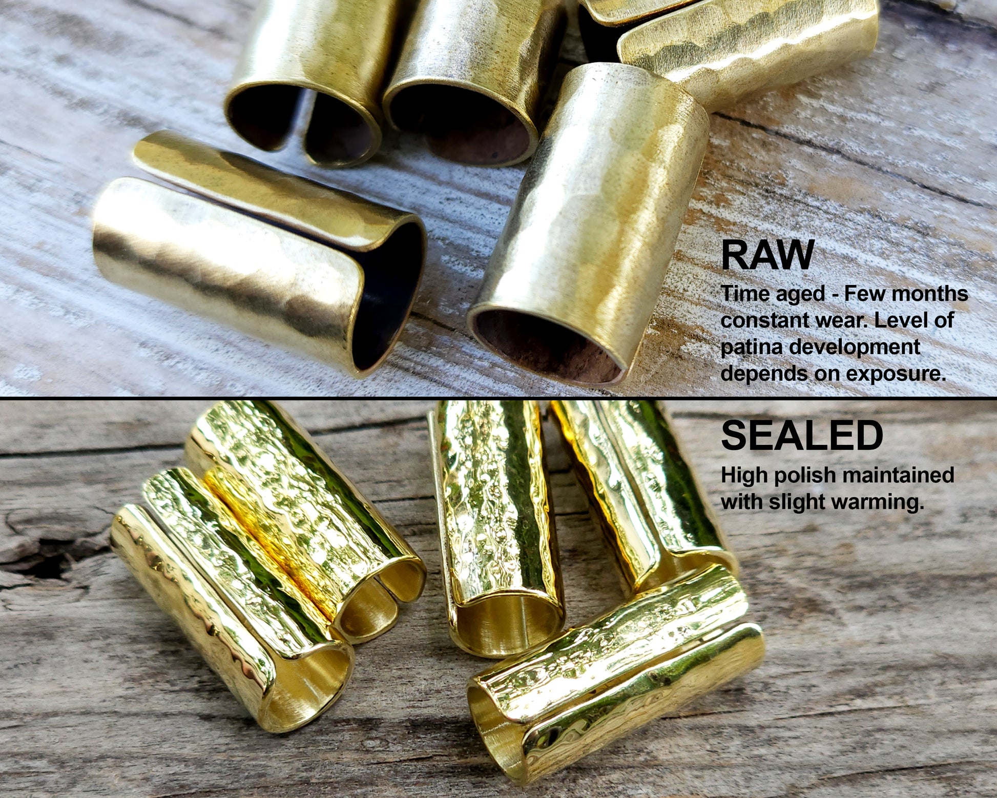 Brass hair cuffs on a wood surface showing the difference between polished and patinated finish.