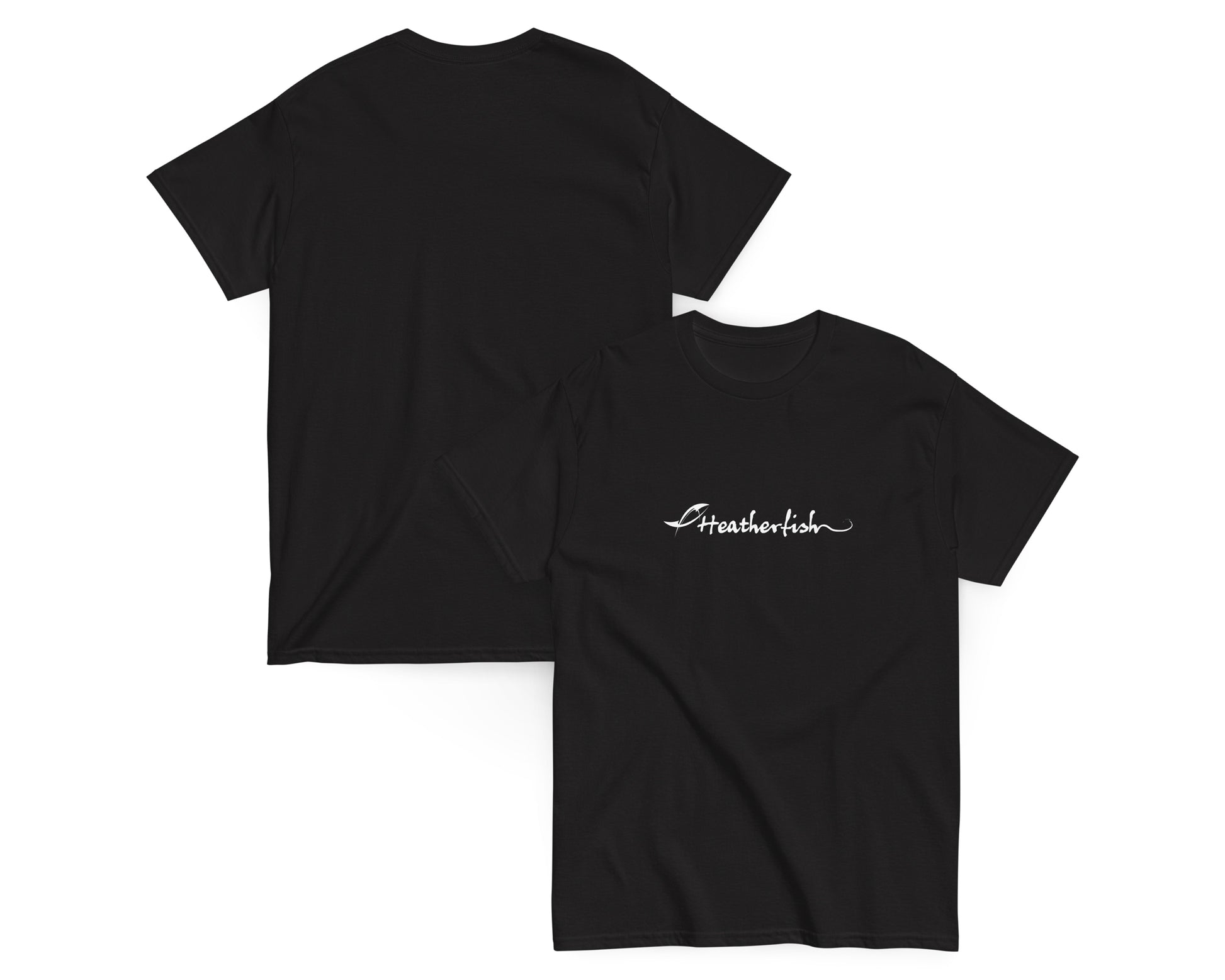 A mockup on a white background showing the front and back of the black heatherfish brand tshirt with the front showing the heatherfish logo in white and the back plain.