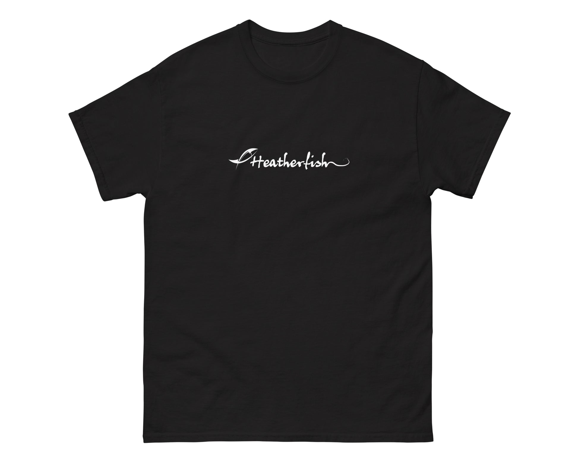 A tshirt mockup showing the front of a black tshirt on a white background with the heatherfish brand logo across the front of the shirt in white font.