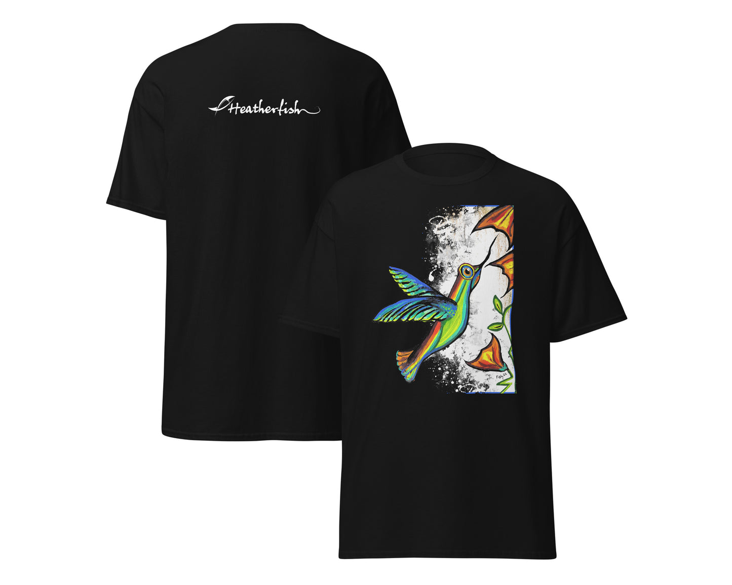 Black t-shirt with colorful hummingbird design on the front and text on the back, displayed against a white background.