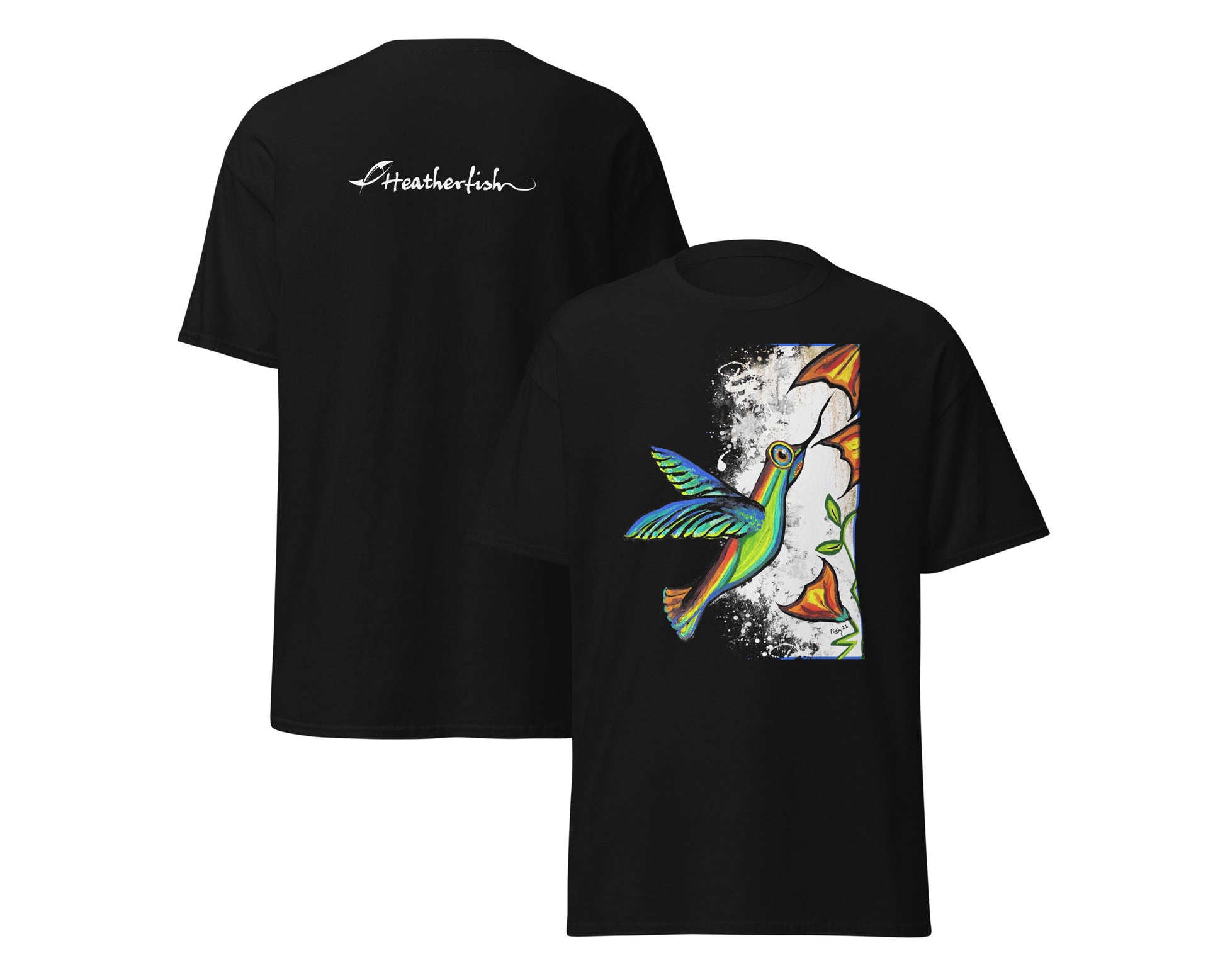 Black t-shirt with colorful hummingbird design on the front and text on the back, displayed against a white background.