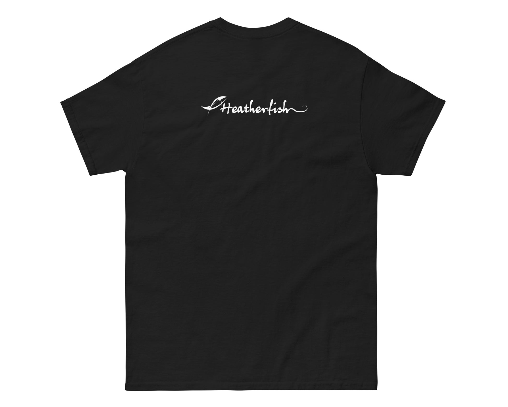 Black t-shirt with white text on the back against a white background
