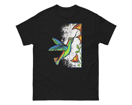 Hummingbird art on a black t-shirt with a white background.