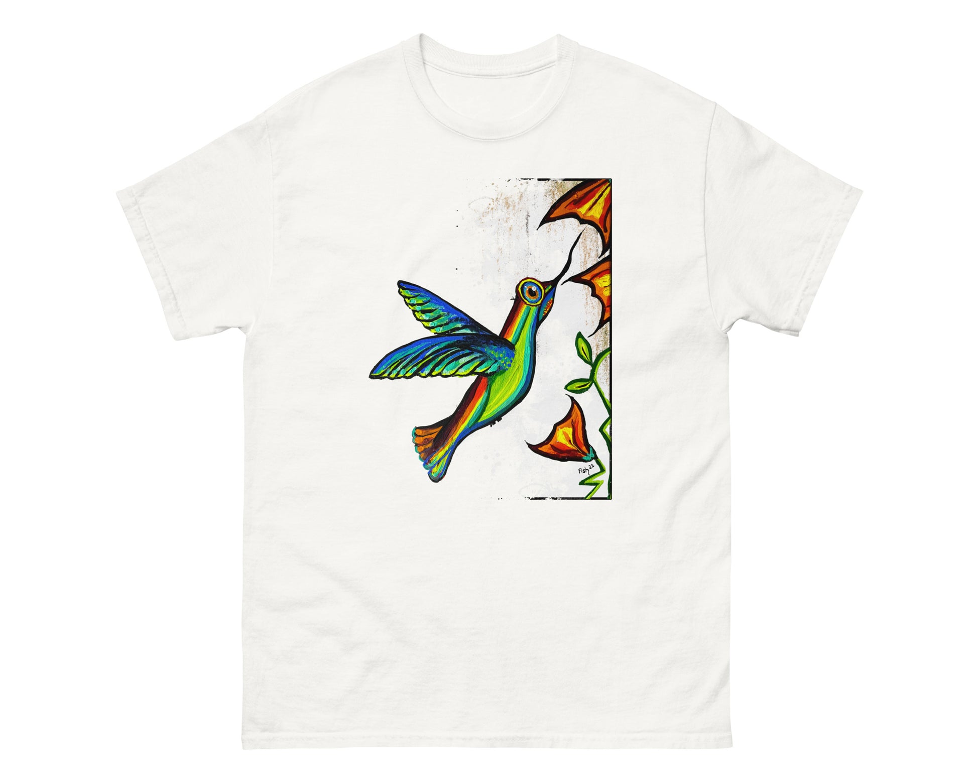 White t-shirt with a colorful hummingbird design on a white background