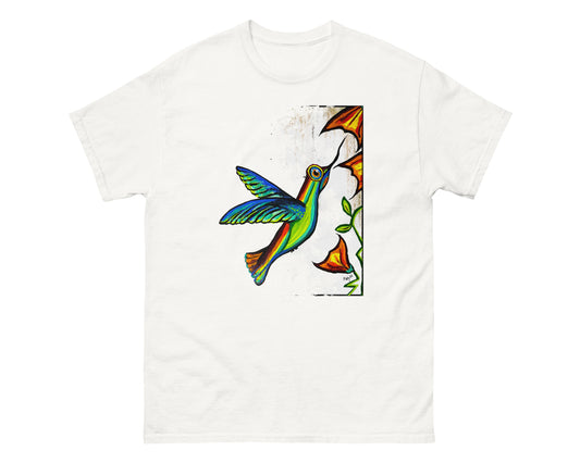 White t-shirt with a colorful hummingbird design on a white background
