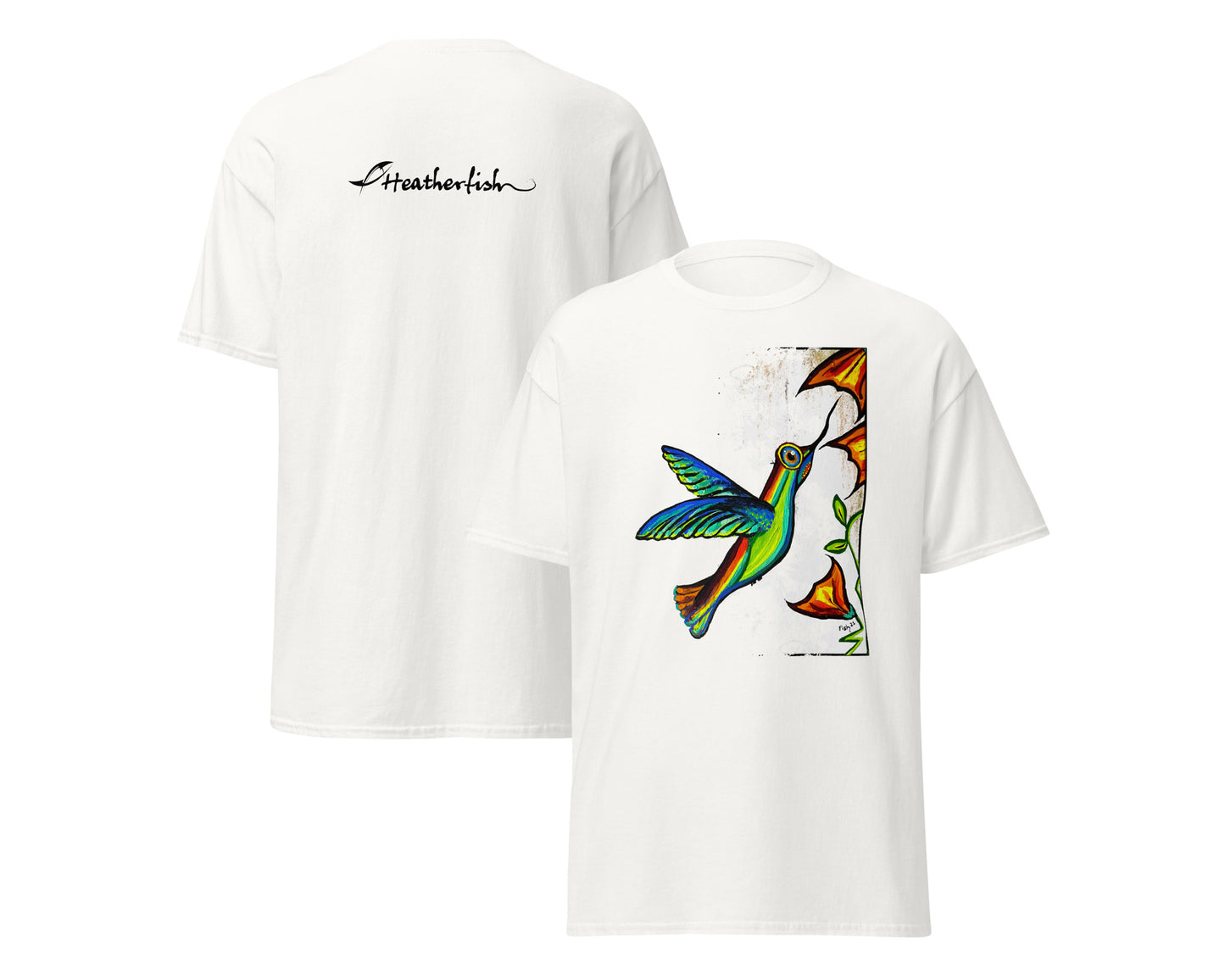 White t-shirt with colorful bird design on the front and 'Heatherfish' branding in black font on the back on a white background