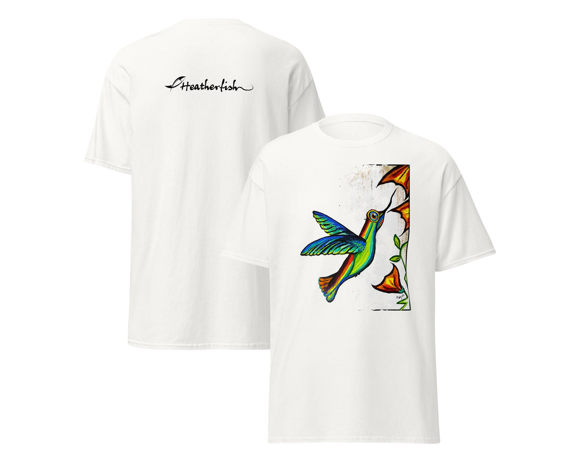 White t-shirt with colorful bird design on the front and 'Heatherfish' branding in black font on the back on a white background