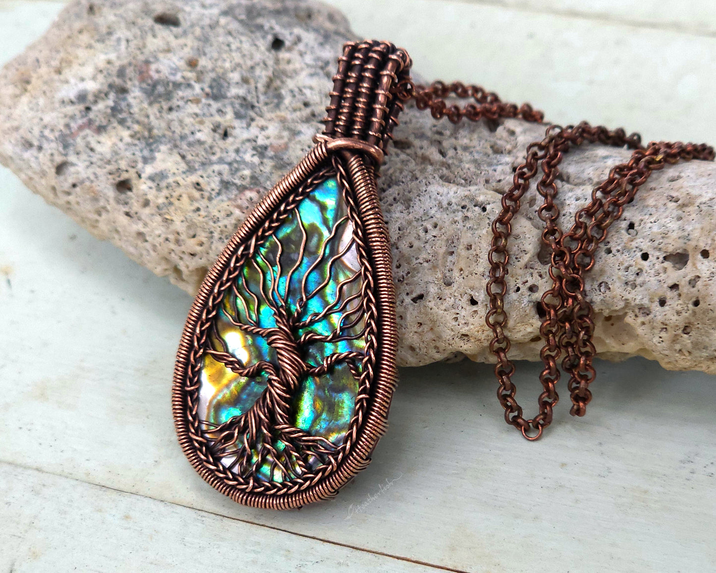 Tree of Life Pendant, Copper, Abalone