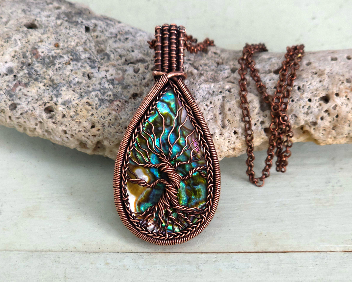 Tree of Life Pendant, Copper, Abalone