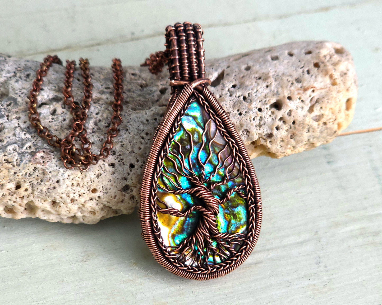 Tree of Life Pendant, Copper, Abalone