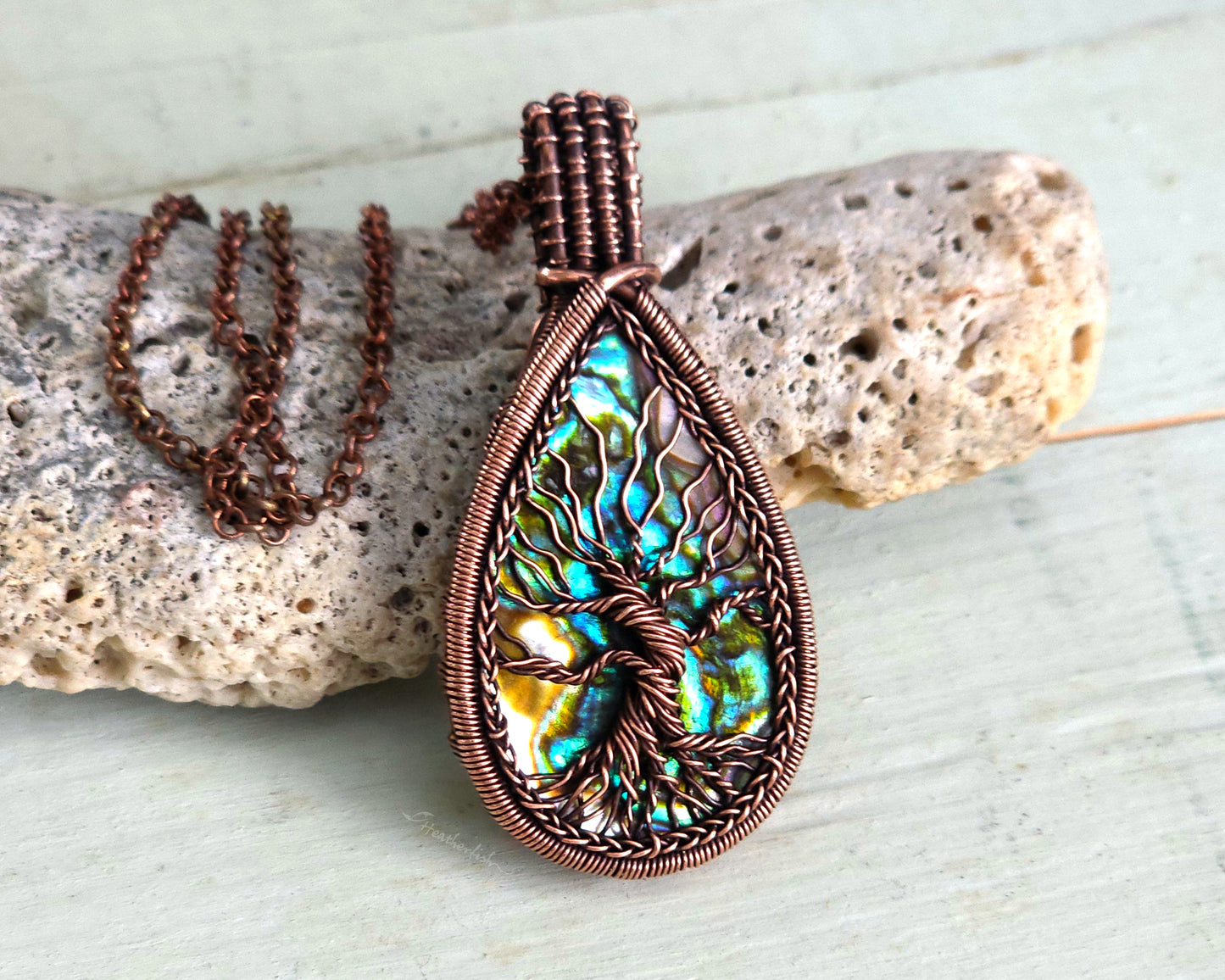 Tree of Life Pendant, Copper, Abalone