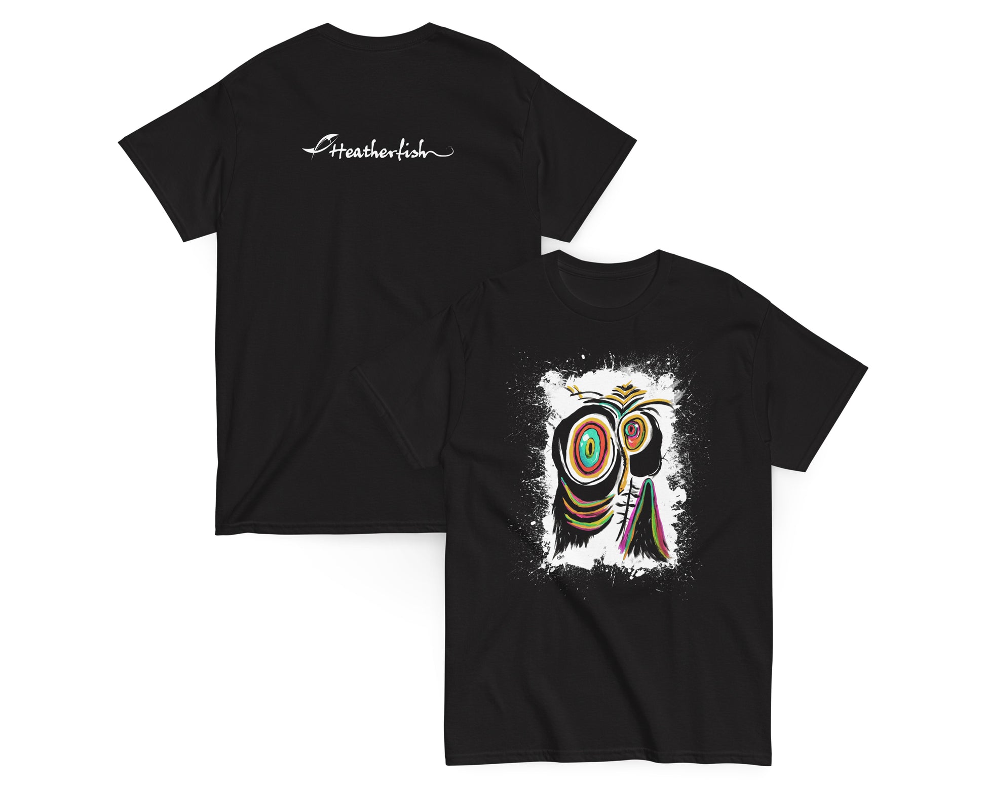 A mockup showing both the front and the back of the heatherfish black sad penguin tshirt design.