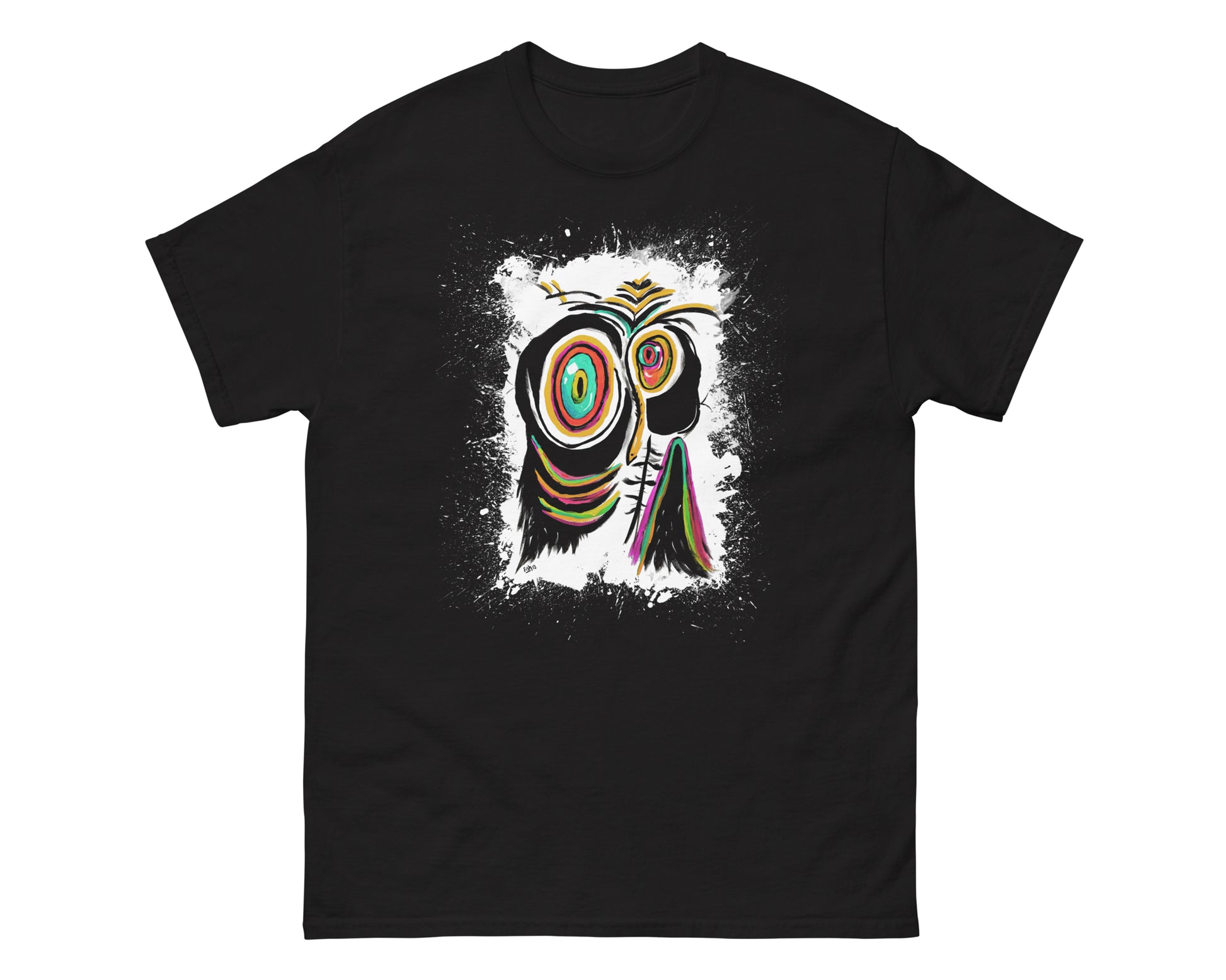 The front of the heatherfish sad penguin black tshirt design on a white backdrop.