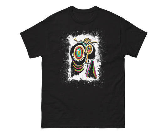 The front of the heatherfish sad penguin black tshirt design on a white backdrop.