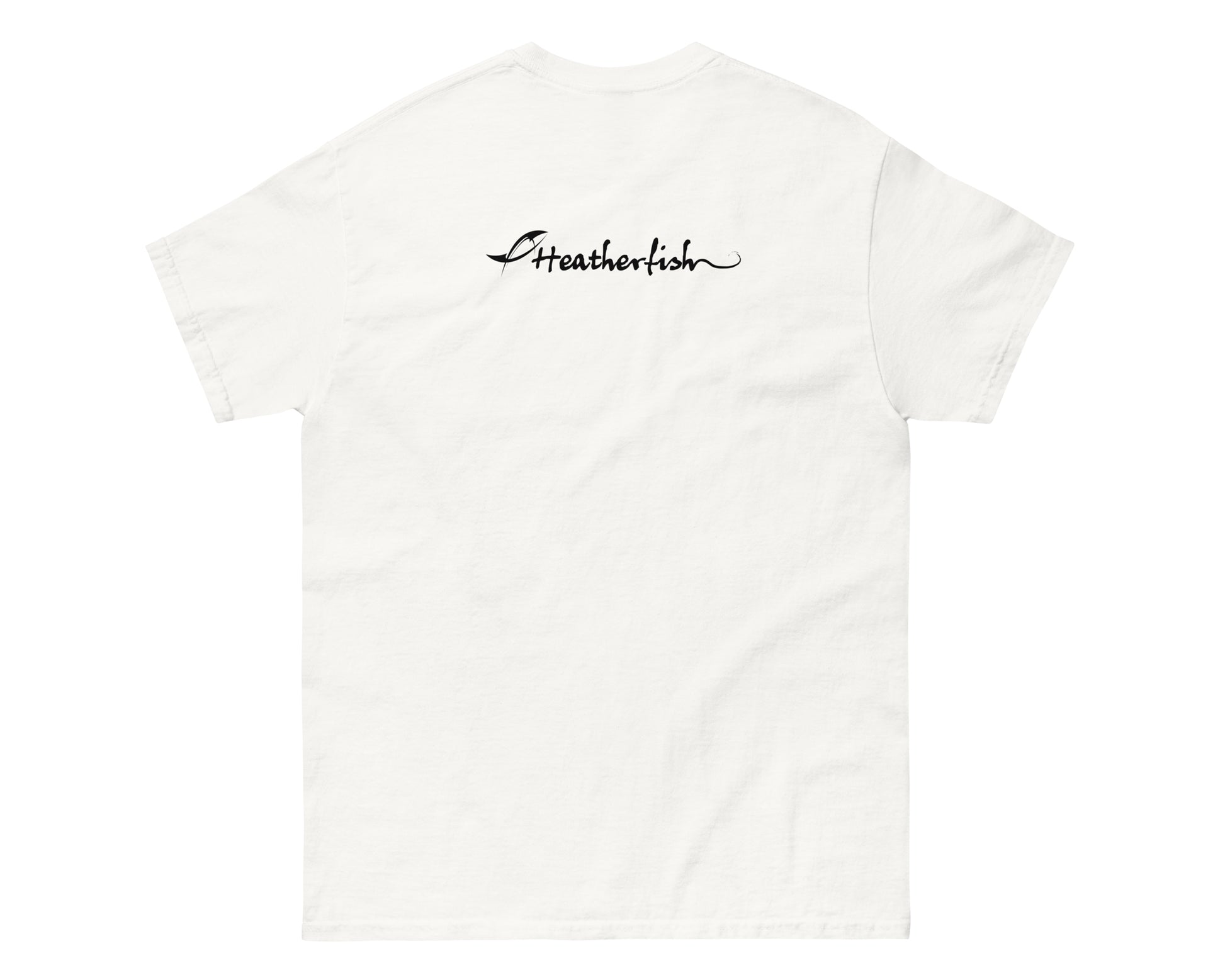 The back of the heatherfish sad penguin white tshirt design on a white backdrop showing the heatherfish logo in black.