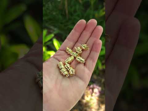 Stylized brass hair beads held in a hand with a natural background.