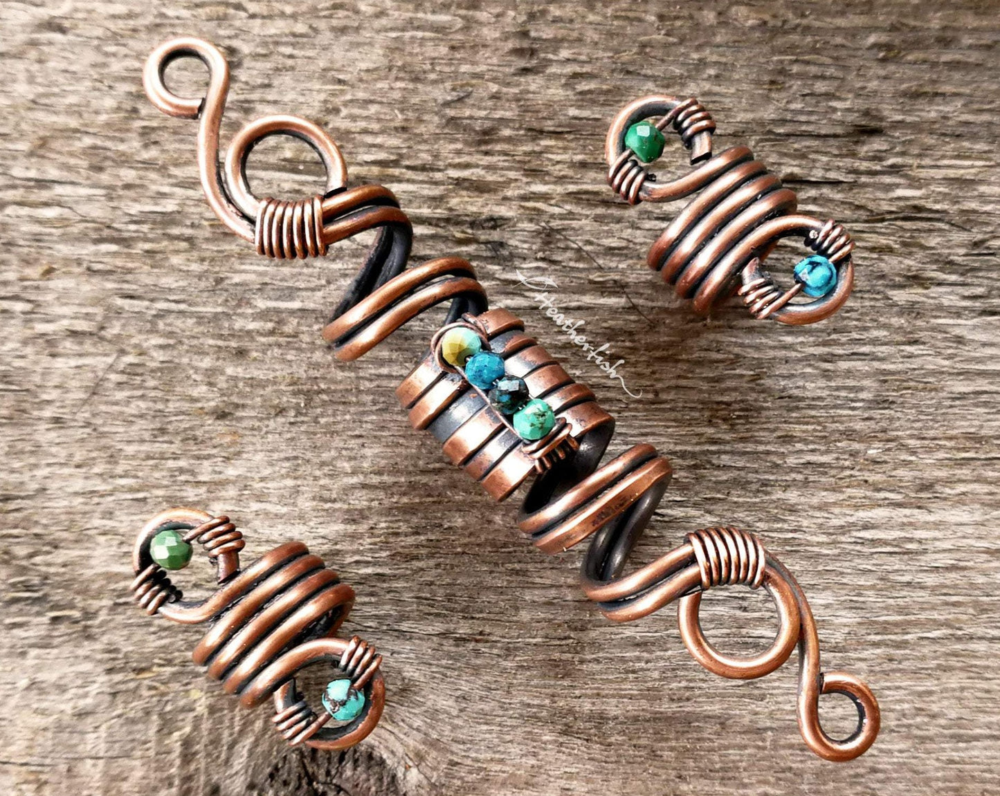 A top view of Copper Turquoise Dread Beads Set of 3.