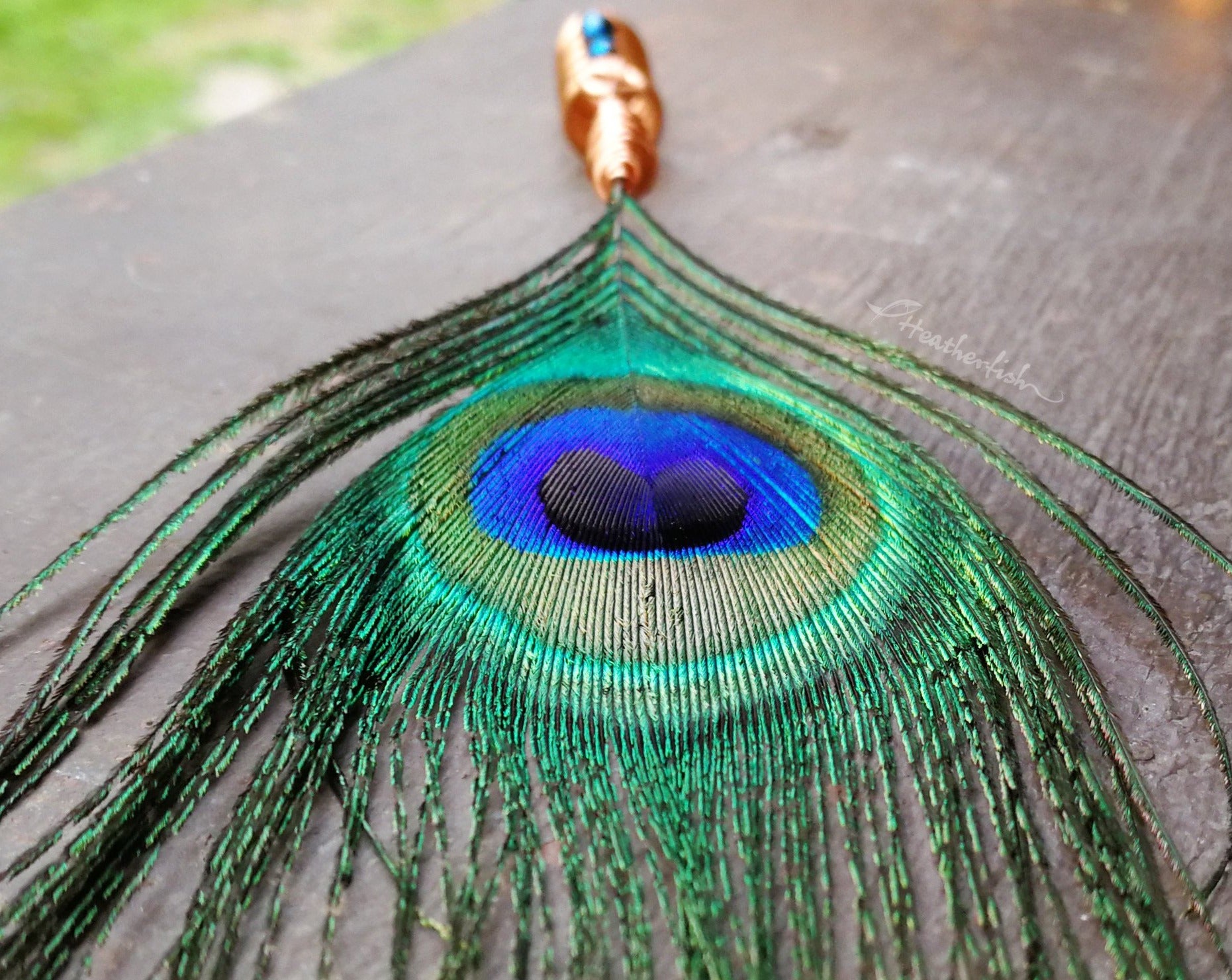 Peacock eye feather dread bead on a wood background.