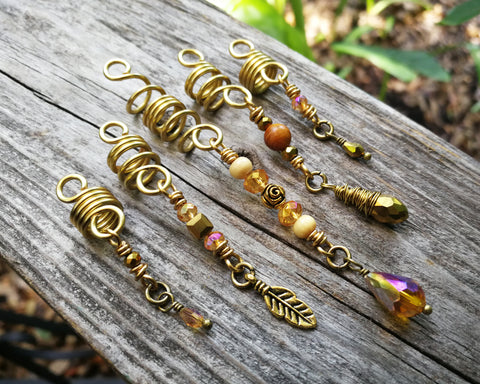 Amber Gold Glass Loc Beads Spiral Gold Wrap Loc Jewelry, Dreadlock Jewelry