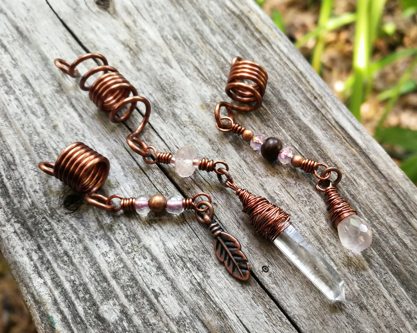 A back view of Rose Quartz Loc Beads Set of 3.