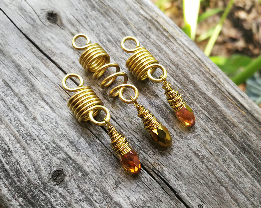 Amber Gold Glass Loc Beads Spiral Gold Wrap Loc Jewelry, Dreadlock