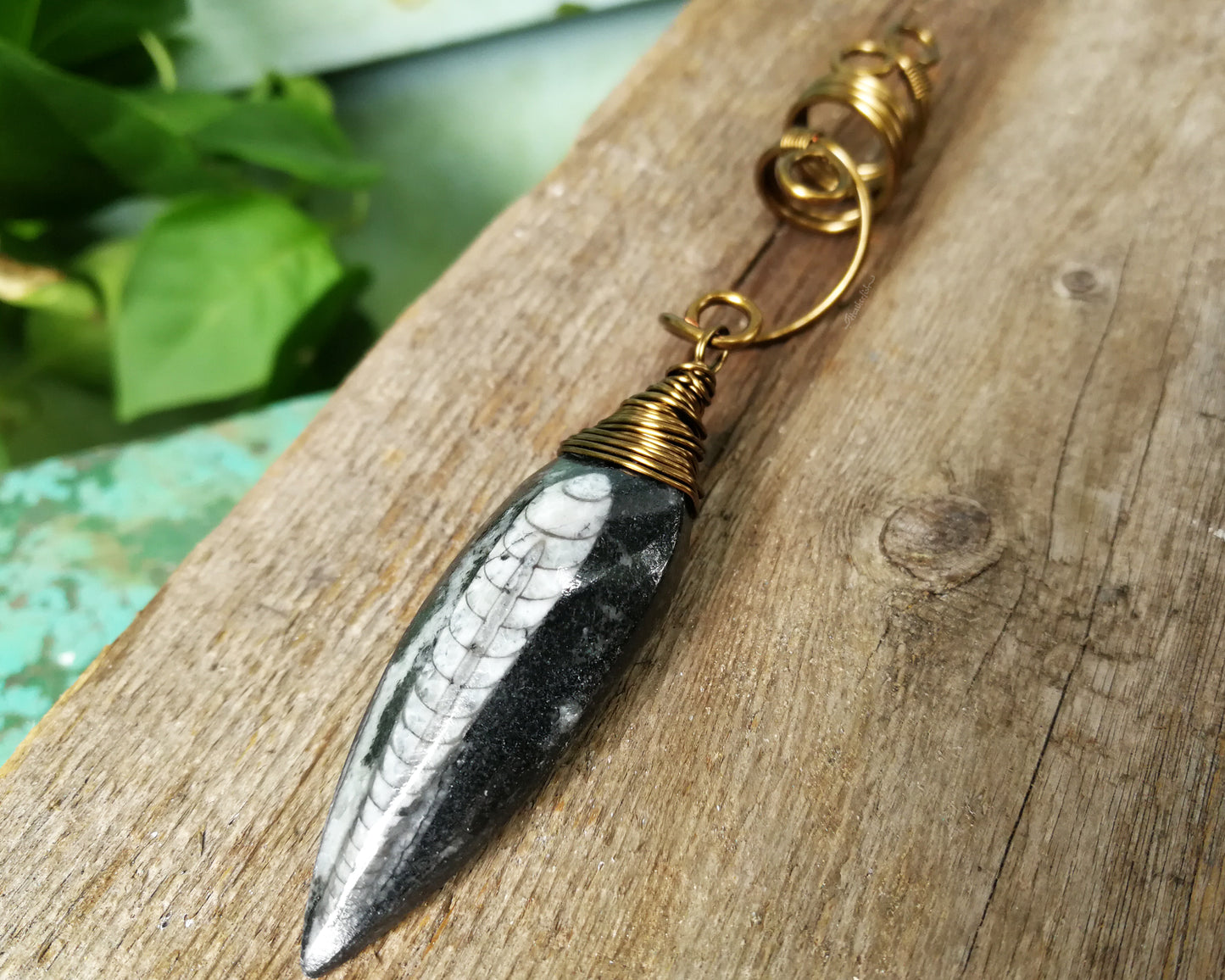 Orthoceras Fossil Dread Bead on wood background.