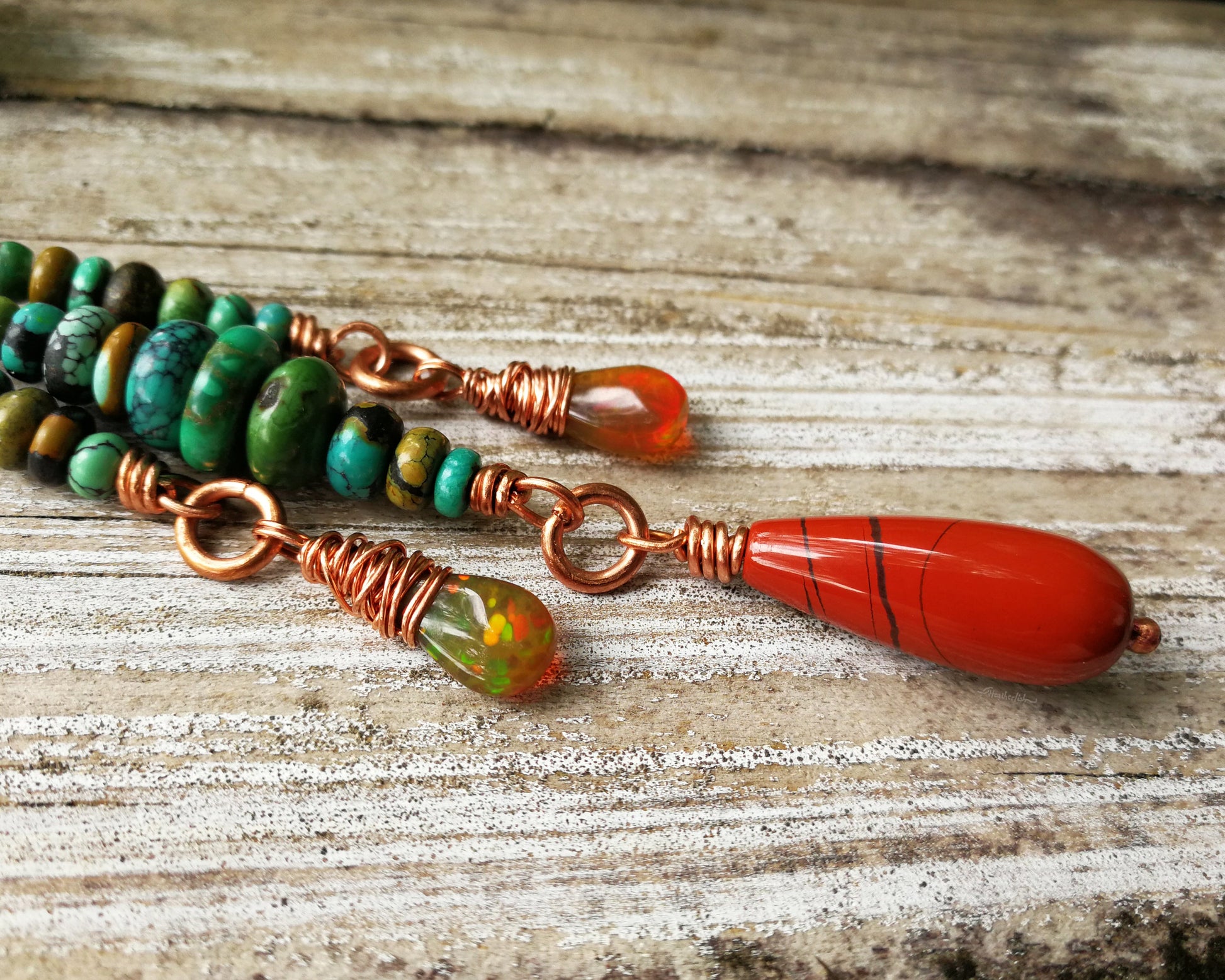 Close up of the Ethiopian Opal on the long bohemian loc bead.