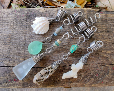 Carved Sea Glass, Silver Set of 5 Loc Beads