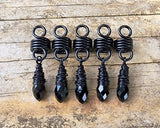 Black Glass Loc Beads, Set of 5 on wood background.