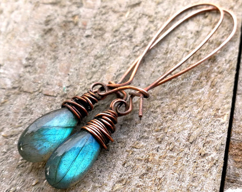 Blue Labradorite Earrings, Oxidized Copper