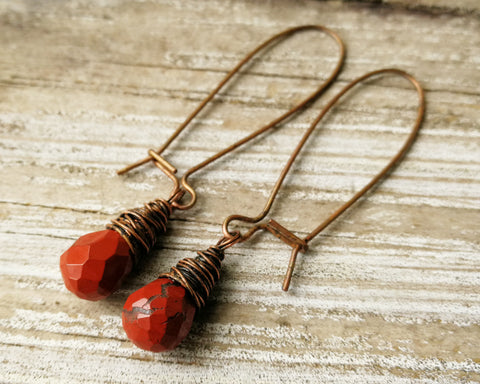 Red Jasper Earrings, Oxidized Copper