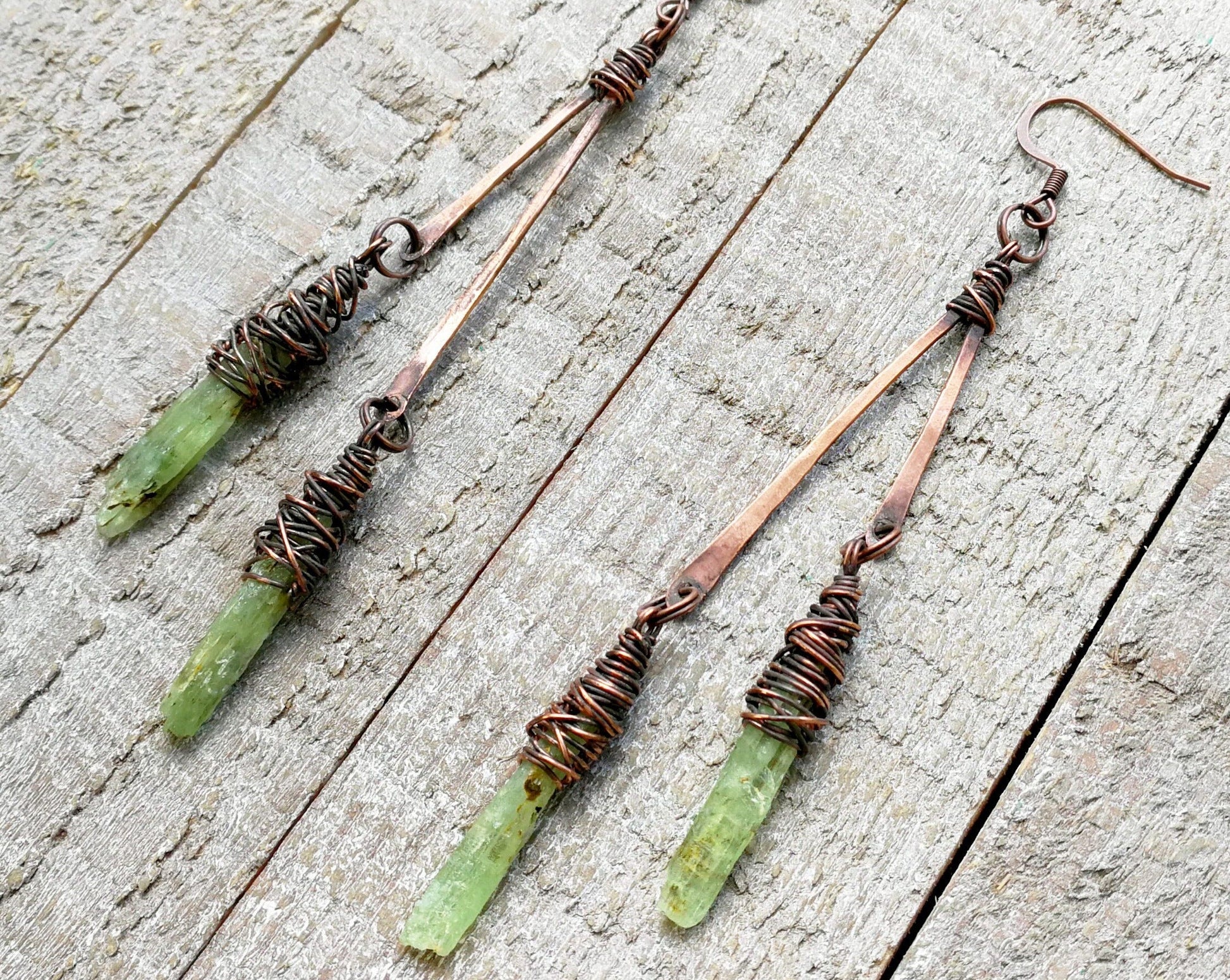 Top view of Boho Green Kyanite Earrings