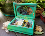 Sea green crystal box on a wood display background.