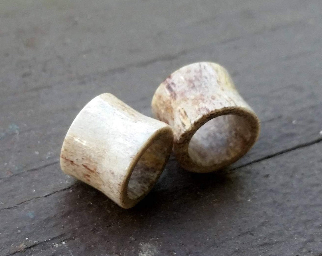 A close up view of Handmade Antler Tunnels on a wood background.