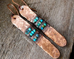 A close up view of Turquoise Hammered Copper Earrings.